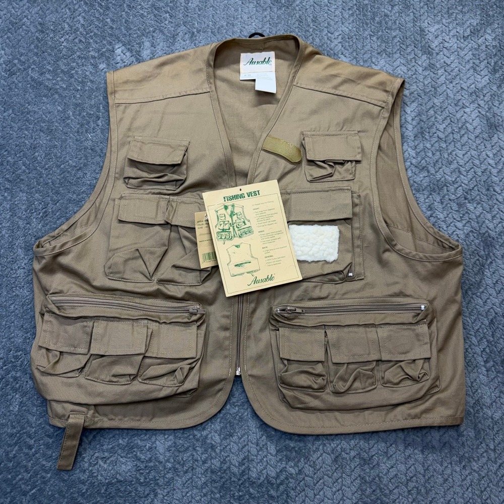Ausable Fishing Vest Mens XL Utility Multi-Pocket Khaki Tan Cotton Twill NWT